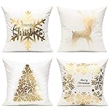 All Smiles Kissenbezug 4 Stück 45x45cm Weihnachten Samt weiß golden Dekorative Kissenhülle draußen Dekokissen Sofakissen Zierkissenbezüge für Sofa Schlafzimmer Wohnzimmer Auto Zuhause Dek