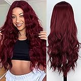 PORSMEER Perücke Damen Dunkel Rote Lang Locken Perrucke Natürliche Perücken für Frauen Cosplay Wig Kostüm Party