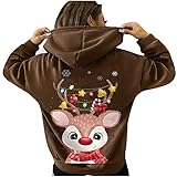 RKaixuni Damen Hoodie Cute Rentier Weihnachtspullover Lustig Oversize Kapuzenpullover mit Taschen Kuschelpullover Langarm Christmas Sweatshirt Oberteil Langarmshirt Y2K Top