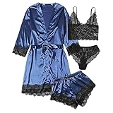 Ronony Bademantel Damen Kurz Satin Nachthemd Kleid Seide Spitze Dessous NachtwäSche Sexy Robe Frauen Satin Langarm Lace Patchwork Seide Dessous NachtwäSche Robe Pyjama UnterwäSche Robe Pyjama S