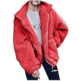 Xmiral Damen Einfarbig Mantel Plüsch Langarm Reißverschluss Reversjacke Mit Tasche Winter Fleece Jacke (Rot, L)