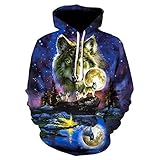 HGFHGD Sternenhimmel Mond Wolfsrudel 3D-Druck Herren Damen Hoodie Frühling, Herbst und Winter Hip-Hop-Pullover Paar lässig