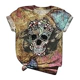 Masrin T-Shirt für Frauen Sommer lässig 3D Schädel Blume Tierdruck Tops Kurzarm V-Ausschnitt lose Tunika Bluse Streetwear (L,Gelb)