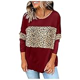 TOALOL Langarmshirt Damen Sweatshirts Leopard Drucken Patchwork Jumper Rundhals Mode Pullover Basic Bluse Elegant Tops Teenager Sport Oberteile Laufshirt T-Shirt Tunika Streetwear (A_rot, L)