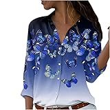 Uhoney Damen Blusen & Shirts Casual Umlegekragen Gedruckt Lose Langarm Tops Bluse Knöpfe Cardigan Plus Size, blau, M