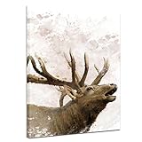Wandbild - Aquarell - Hirsch - Bild auf Leinwand 30 x 40 cm einteilig - Leinwandbilder Bilder als Leinwanddruck Tierbild Malerei - Geweih - Wild - röhrender H