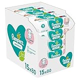 Pampers Sensitive Feuchttücher 15 Packungen (15 x 80 Stück), 1200 Feuchttücher, ohne Duft, für eine sanfte und weiche Reinigung