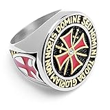 Schmuck-Checker Templer Ring aus 316L Edelstahl Kreuzritter Siegelring teilweise vergoldet mit rotem Tatzenkreuz Schwerter und Zirkon Stein (73 (23,2 mm Ø))