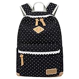 Mädchen Segeltuch Rucksack Lace Polka Punkt Schulrucksack Süße und Moderne Schultasche Große Kapazität für Schule Outdoor Camping Ausflug (Schwarz)