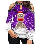 Overdose Damen Oberteile Beiläufig Streetwear Button Schulterfrei Tops Christmas Longshirts Xmas Bluse Langarmshirts Lockere Fashion Drucken Tunika Hemd Umlegekragen T-S