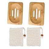 2 Stück Seifenschale Dusche Holz mit 2 Stück Sisal Seifensäckchen, Natürliche hölzerne Bambus Seifenschale Holz Dusche Handgefertigte Seifenkiste Seifen Box mit Kordel für Bad Waschbeck