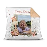 Kinder-Kissen mit Füllung - Giraffen-Motiv - mit Foto & Text selbst gestalten - Geschenk für Mädchen & Jungen, Taufe, Geburtstag, Weihnachten I Personalisiert, Farbkissen Rückseite Mokka, 40x40