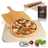 Amazy Pizzastein inkl. Bambus Pizzaschaufel, Dauerbackfolie und Beileger – Der Ultra-hitzebeständige Brotbackstein verleiht Ihrer Pizza den original italienischen Geschmack knuspriger Steinofenp