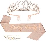 Veraing 'Dirty Thirty 30. Geburtstags-Krone Schärpe Set, Roségold Geburtstags Kristall Tiara für Frauen Birthday Crown Prinzessin Haar-Zusätze für Frauen Party