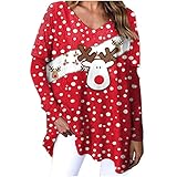 Pullover Damen Weihnachten Langarmshirt V-Ausschnitt Sweatshirt Große Größe Pulli Oberteile Herbst Winter Bequemes Bluse Shirt Tunika Schneeflocke Elchdruck Jumper Outwear für F