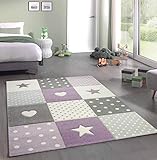 Teppich-Traum Kinderzimmer Teppich Spiel & Baby Teppich Herz Stern Punkte Design in Lila Grau Creme Größe 80x150