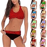 JINGJI Damen Bikini Sport Bikini Damen Tankini Split Badeanzug Striped Print Beach Bikini Set Striae Bademode Dunkelblau XXXXL