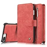 SZCINSEN Schutzhülle für iPhone 7 Plus/8 Plus, 5,5 Zoll, 2-in-1, Reißverschluss, abnehmbar, magnetisch, 14 Kartenfächer, Clutch, Leder, Geldbörse, Holster (Farbe: Rot)