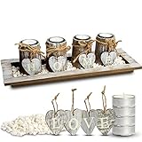 Bella O'Blue Kerzenständer für Teelichter I Teelichthalter Tischdeko I 4 Kerzenhalter in Dekoschale mit Deko Herz, Dekosteine weiß I Home + L