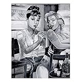 Schwarz Weiß Marilyn Monroe Und Audrey Hepburn Portrait Leinwand-Malerei Wandkunst Tattoo Rauchen Frauen Poster Und Drucke Wohnkultur Bilder Für Schlafzimmer, Wohnzimmer, Rahmenlos,70×90
