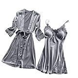 Chejarity Sexy Dessous Pyjamas für Damen Zweiteiliger Kimono Cardigan Mantel Spitze Lingerie Seidenrobe Kleid Babydoll Nachthemd Nachtwäsche Kimono Set Kostüm Negligee Bademäntel W