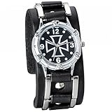 JewelryWe Herren Armbanduhr, Analog Quarz, Fashion Vintage Casual Sport Uhr mit Schwarz Leder Armband & Kreuz Digital Zifferb