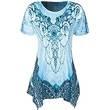 VEMOW Sommer Mode Elegante Damen Frauen Oansatz Plissee Plus Größe Kurzarm Casual Daily Dance Party Bluse Top Tunika Shirt T-Shirts Pulli Tees(Blau, 50 DE / 4XL CN)