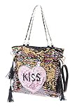 LB-158 Wende Bunt Pailletten Herz Kiss Boho Chic Vintage Retro Damen Kunstleder Trage Schulter T