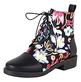 ReiaRinz Damen Mode Print Stiefel Low Heel Kurzschaft Stiefel Runde Zehen Schnüren Stiefel Casual Winter Schuhe Black Große 39