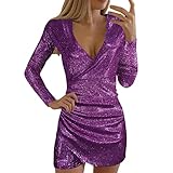 Lomelomme Damen Kleider Glitzer Abendkleider Lange Ärmel Glänzend Cocktailkleid Elegant Pailletten Kleid Fransen Paillettenkleid Knielang Glänzend Partykleid Elegant Hochzeit Club Cocktailk