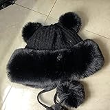 Unisex-Mütze Warme Beanie,Strickmütze mit Plüsch-Ballen-Gehörschutz, warme Wollmütze mit Kapuze,schwarz,Einheitsgröße,Heritage Style Beanie H