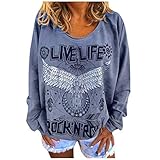 LIVE Life Rock RULL Letter Druck Langarm T Shirts College Teens Sportwear Eule Print Loose Sweatshirt Damen V-Ausschnitt Einfarbig Basic Pullover Oberteil Trend Streetwear Top