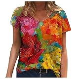 Damen T-Shirt Frühling Sommer Blumen Tie-Dye Motiv Tops Bunte 3D-gedruckte Pullover Casual Kurzarm V-Ausschnitt Tunika Street Trend Bluse mit V-Ausschnitt(XL,ABCD)