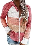 Kookmean Pullover für Damen, Damen-Sweatshirt, mit Reißverschluss, gestreift, Farbblock-Hoodie, modischer Strickpullover, rot, 50