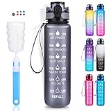 LEHOM Trinkflasche 1L, Wasserflasche Auslaufsicher, Sportflasche BPA-Frei, Tritan Fahrradflasche mit Zeitmarkierung Grau für Camping Freien, Outdoor, Yoga, Gym, Schule, Fahrrad, U