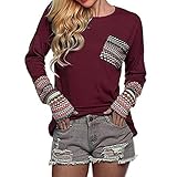 Damen Hemd Rundhalsausschnitt Langarm Top Bohemian Top Casual Style Pullover Shirts Genähtes Strick T-Shirt (weinrot)