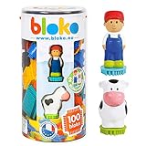 BLOKO – Tube mit 100 BLOKO mit 2 Figuren 3D Bauernhof – ab 12 Monate – Made in Europe – Bauspielzeug für 1. Alter – 503662