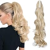 Ponytail Extension Pferdeschwanz Haarteil Haarverlängerung Zopf mit Butterfly-Klammer Hair Piece Haar Glatt Hitzebeständig wie Echthaar Golden Mix Bleichblond-1 Gewellt-24'(61cm)-150g