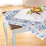 vivaDOMO Mitteldecke Blaue Pracht, Tischdecke mit Blumen Bestickt & Aussparungen | Tischläufer, waschbar, 85 x 85
