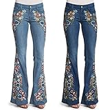 Damen Jeanshose Denim Hosen bestickte Jeans schmaler abnehmende ausgestellte Stickerei Flare Jeans Knopf Taille Schlaghose Mode Denim Hosen Modern Elegant Hose F