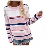 Damen Grobstrick Pullover Casual Sweater Pulli Farbblock Sweatshirt Elegant Jumper Rundhals Lose Oberteile Winter Outwear Frauen Strickpullover Langarm Colorblock Rollkragenpullover Top Aushöhlen M