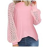 Ydsxlp Spitze Bluse Damen Langarm Oberteil Hemd Elegant Spitze Blusenshirt Rundhals Casual Tops Lose Langarmshirt Vintage Tunika Shirt (V Pink, S)