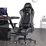 SMAX Gaming Stuhl mit fußstützen Gamer Stuhl Ergonomische Gamingstuhl aus PU-Leder mit und Sitzhöhenverstellbarer Gaming-Stühle Drehsessel mit Kopfstütze und Massagegerät Lendenwirbelstütze Bü