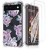 Niboow hülle Kompatibel mit Google Pixel 6, [Mit 2PCS 9H Panzerglas] TPU Silikon Schlank Schutzhülle, Clear Blumenmuster Handyhülle Friendly Kompatibel mit Google Pixel 6-L