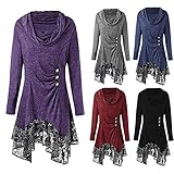 TOALOL Damen Kleid Sweatshirts Stapelkragen Falten Langarm Irregulär Saum Casual Basic Teenager Herbst Winter Party Geschenk Elegant Patchwork Oberteil Tunic Streetwear mit Knöpfe (Blau, XXL)