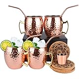 Eligara Moscow Mule Becher Kupferbecher Gehämmert und Handgefertigt Kupfertassen mit 4 Gläsern, 4 Untersetzer, 4 Trinkhalme, 1 Messbecher, Bier, Gin, Vodka, Cocktails und Wasser genieß