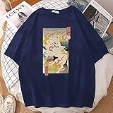 wefwef Japanische mythische Tier Ukiyo-e Fuchs lustig gedruckt T-Shirt Unisex Mens Sommer Runde Hals Kurzarm Casual Grafik Komfort T-Shirts Top, dunkelblau, XL