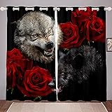 feelingyou Wolf Fenstervorhang,Rote Rose Blumen Blumendruck Fenstervorhänge für Kinder Jungen,Tierwelt Tierthema Leichtes Polyester für Wohnheim Schlafzimmer und Wohnzimmer, 183x117