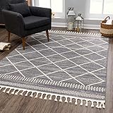 carpet city Teppich Ethno Wohnzimmer Grau - 140x200 cm - Raute-Berber-Muster - Boho-Teppiche Kurzflor Modern - Fransenteppich Tricolor Soft&Weich - Flachflor S