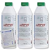 DEWEPRO-Set: SANIT UrinsteinLöser 3031 - 3 Flaschen à 500ml - der Profi Urinsteinlöser - WC-Reiniger - höchste Reinigungskraft - WC Reiniger extra stark, inkl. 1 St. DEWEPRO® Single Scrub